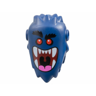 dark blue minifigure head modified bogeyman with pin holes with black bushy eyebrows red eyes dark red large open mouth with dark pink tongue and white teeth pattern