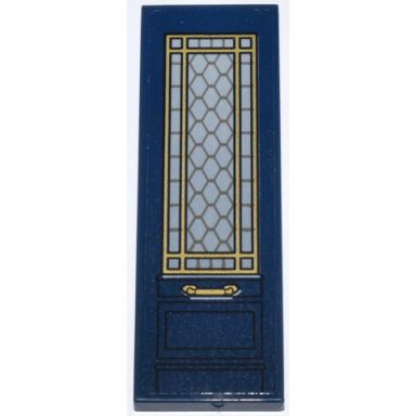 dark blue tile 2 x 6 with door light bluish gray lattice window with gold frame and handle pattern model right side sticker - set 76218