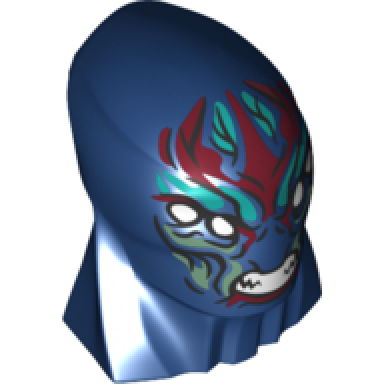 dark blue large figure head modified with elongated skull and thick neck with 4 white eyes dark red dark turquoise and sand green markings angry sharp bared teeth pattern eternals deviant kro