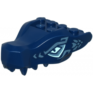 dark blue dragon head ninjago jaw with 2 bar handles on back with light aqua eyes and metallic light blue eyebrows and scales pattern