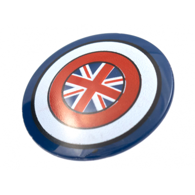 dark blue minifigure shield circular round convex face with red and white rings and british union jack flag pattern