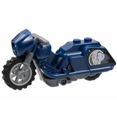 dark blue stuntz flywheel motorcycle touring bike with dark bluish gray frame light bluish gray wheels and dark bluish gray handlebars with howling wolf moon and stars pattern