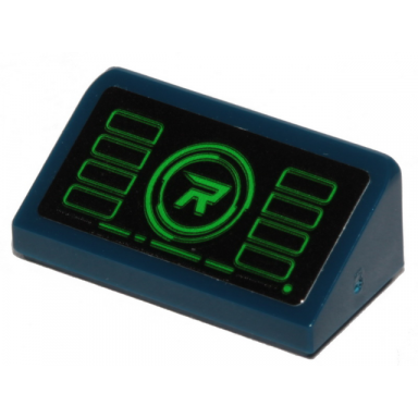 dark blue slope 30 1 x 2 x 2 3 with black monitor with green rectangles and r in circle pattern sticker - set 70839
