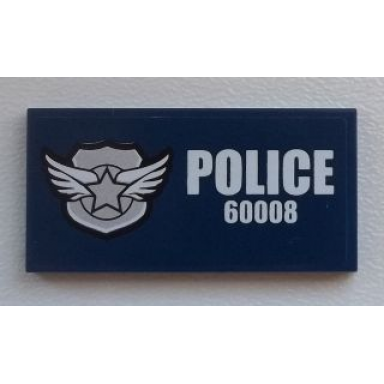 dark blue tile 2 x 4 with silver star badge and white police 60008 on dark blue background pattern sticker - set 60008