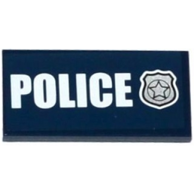 dark blue tile 2 x 4 with white police and silver police badge pattern sticker - set 60069