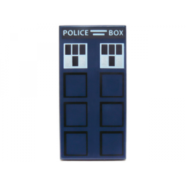 dark blue tile 2 x 4 with black squares and white police box and windows pattern doctor who tardis side