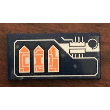 dark blue tile 2 x 4 with silver circuitry and orange arrows pattern model left side sticker - set 70351
