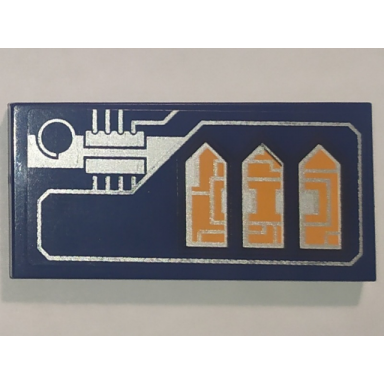dark blue tile 2 x 4 with silver circuitry and orange arrows pattern model right side sticker - set 70351