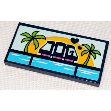 dark blue tile 2 x 4 with monorail hearts sunset over sea and palm trees pattern sticker - set 41347