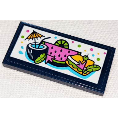 dark blue tile 2 x 4 with cocktail watermelon and sandwich pattern sticker - set 41347