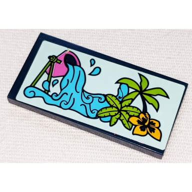 dark blue tile 2 x 4 with dark pink bucket medium azure water palm trees and bright light orange flower pattern sticker - set 41347