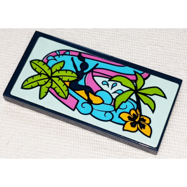 dark blue tile 2 x 4 with girl on dark pink water slide palm trees and bright light orange flower pattern sticker - set 41347