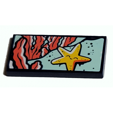 dark blue tile 2 x 4 with yellow starfish and coral seaweed pattern sticker - set 41380