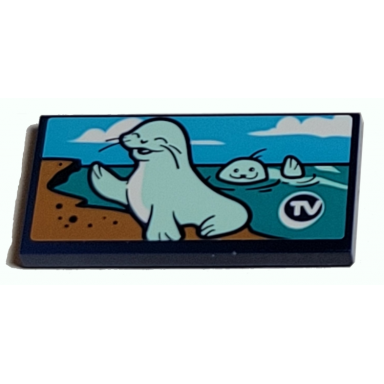 dark blue tile 2 x 4 with waving seals and tv in circle pattern sticker - set 41380