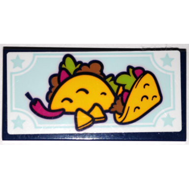 dark blue tile 2 x 4 with tacos chili pepper yellow corn chips and light aqua stars pattern sticker - set 41338