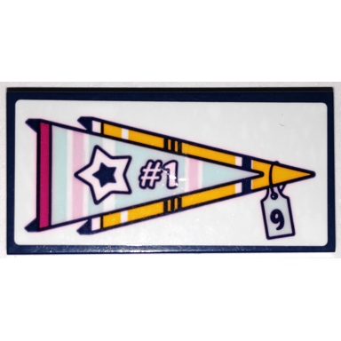 dark blue tile 2 x 4 with 2 light aqua and yellow pennants with star 1 and number 9 price tag pattern sticker - set 41338