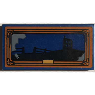 dark blue tile 2 x 4 with picture of black shrieking shack and fence silhouette in dark orange frame pattern sticker - set 76407