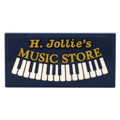 dark blue tile 2 x 4 with gold h jollies music store and white piano keys pattern sticker - set 10308