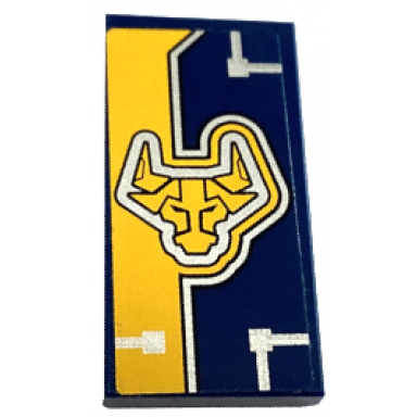 dark blue tile 2 x 4 with bright light orange stripe nexo knights bull head and silver circuitry pattern model left side sticker - set 70354