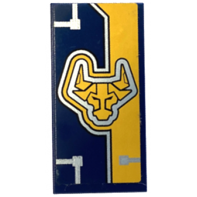 dark blue tile 2 x 4 with bright light orange stripe nexo knights bull head and silver circuitry pattern model right side sticker - set 70354