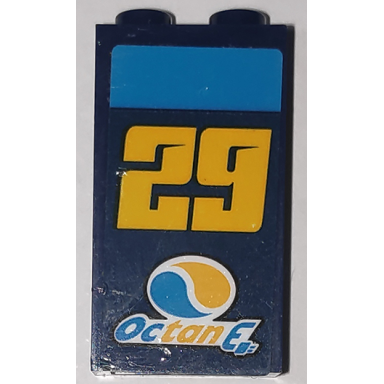 dark blue panel 1 x 2 x 3 with side supports - hollow studs with yellow number 29 octan logo and octan e pattern sticker - set 60256