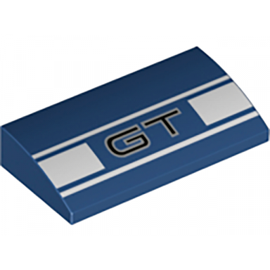 dark blue slope curved 2 x 4 x 2 3 with bottom tubes with gt and white stripes pattern