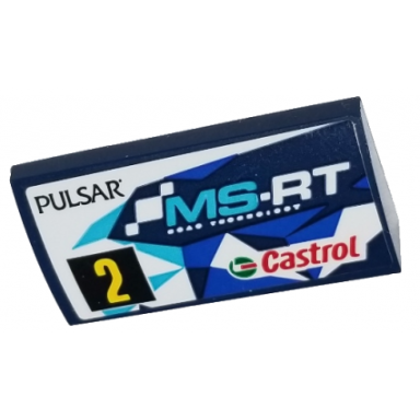 dark blue slope curved 2 x 4 x 2 3 with bottom tubes with pulsar ms-rt castrol and yellow number 2 pattern model left side sticker - set 75885