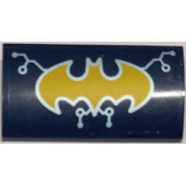 dark blue slope curved 2 x 4 x 2 3 with bottom tubes with yellow batman logo with silver outline and circuitry pattern sticker - set 41237