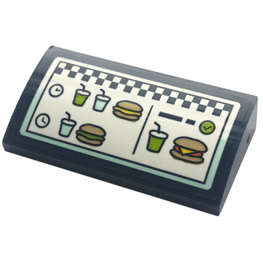 dark blue slope curved 2 x 4 x 2 3 with bottom tubes with menu with drinks hamburgers and checkered stripe on white background pattern sticker - set 41728
