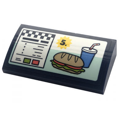 dark blue slope curved 2 x 4 x 2 3 with bottom tubes with menu with drink sandwich 5 and checkered stripe on white background pattern sticker - set 41728