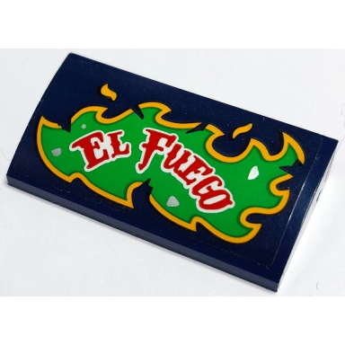 dark blue slope curved 2 x 4 x 2 3 with bottom tubes with red and white el fuego on bright green and bright light orange flames pattern model left side sticker - set 70429