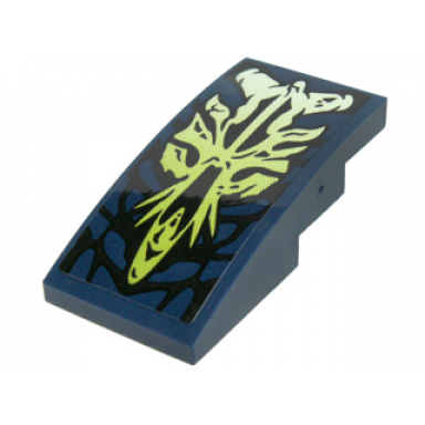 dark blue slope curved 4 x 2 with yellowish green morro dragon head and black scales pattern sticker - set 70736