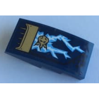 dark blue slope curved 4 x 2 with gold air intake bright light blue and white lightning and gold ninjago power emblem pattern model left side sticker - set 70622