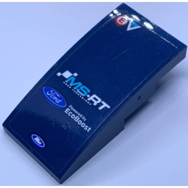 dark blue slope curved 4 x 2 with ms-rt ford logo powered by ecoboost red letter e in circle and electricity danger triangle pattern sticker - set 75885
