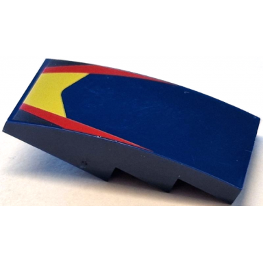 dark blue slope curved 4 x 2 with yellow v-shaped center panel red stripes black triangles pattern