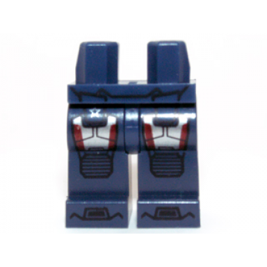 dark blue hips and legs with iron man silver and dark red knee plates and boots pattern