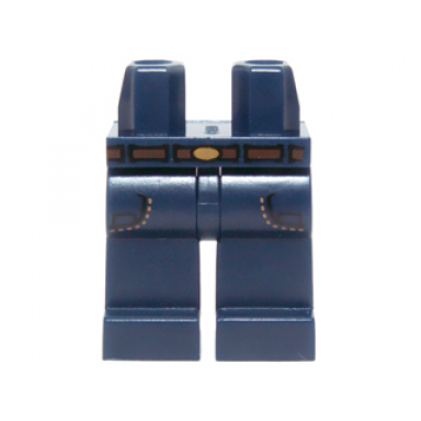 dark blue hips and legs with reddish brown belt gold oval buckle and pockets with tan stitching jeans pattern