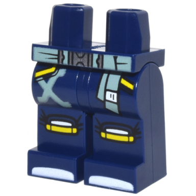 dark blue hips and legs with sand green sash yellow pockets and knee pads and white toes pattern