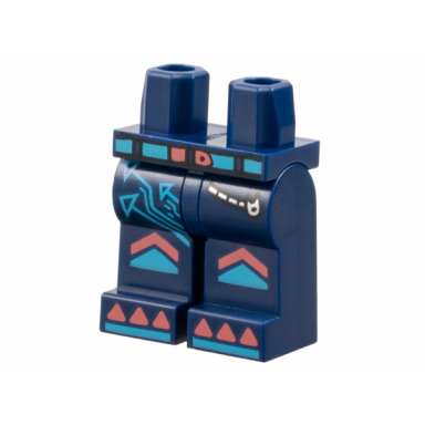 dark blue hips and legs with medium azure and coral belt arrows silver pocket zipper knee pads with chevrons triangles and lines on shoe tips pattern