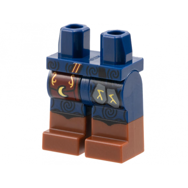 dark blue hips and legs with molded reddish brown lower legs boots and printed black spirals dark red pouch with gold moon dark bluish gray stones pattern