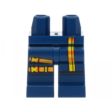 dark blue hips and legs with super hero costume with yellow and orange belts with buckles black knee contours pattern
