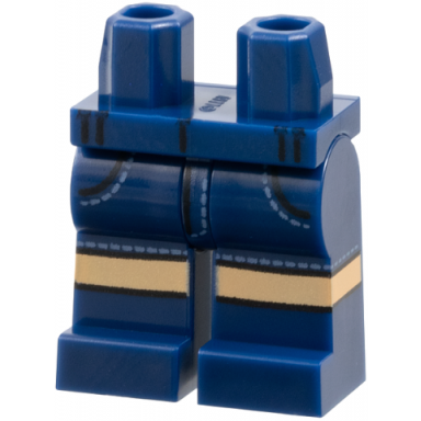 dark blue hips and legs with black belt loops and pockets outlines sand blue stitching medium tan knees pattern