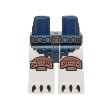 dark blue hips and white legs with dark blue loincloth belt copper knee pads and black claws pattern