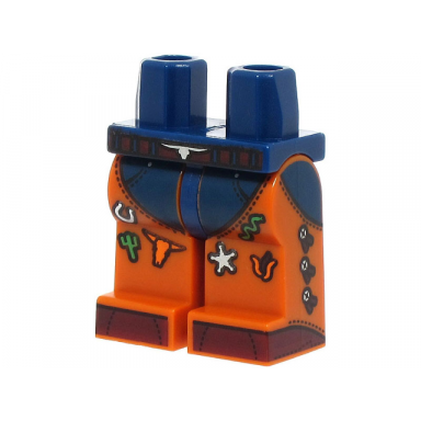 dark blue hips and dark orange legs with dark blue leotard dark red belt and shoes silver horseshoe and star orange bull head green cactus and snake pattern bam