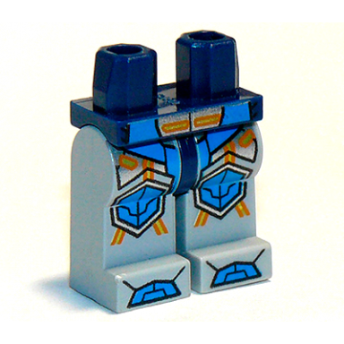 dark blue hips and light bluish gray legs with blue armor and orange and yellow circuitry blue hexagonal knee pads and blue boots pattern
