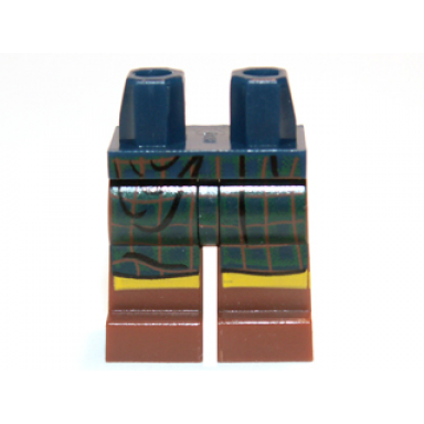dark blue hips and reddish brown legs with dark green tartan kilt pattern
