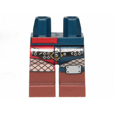 dark blue hips and 1 dark blue left leg 1 red right leg with reddish brown boots black belt with silver rivets white fishnet stockings and knee pad pattern