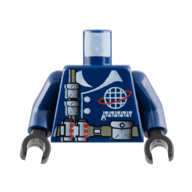 dark blue torso jacket with white buttons pocket with zipper collar and alpha team wire frame globe logo dark gray utility belt and strap with pouches pattern dark blue arms black hands