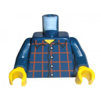 dark blue torso shirt dark red plaid 4 white buttons narrow yellow neck pattern dark blue arms yellow hands