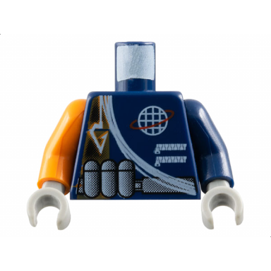 dark blue torso alpha team logo arrow shoulder rope pattern dark blue arm left orange arm right light gray hands